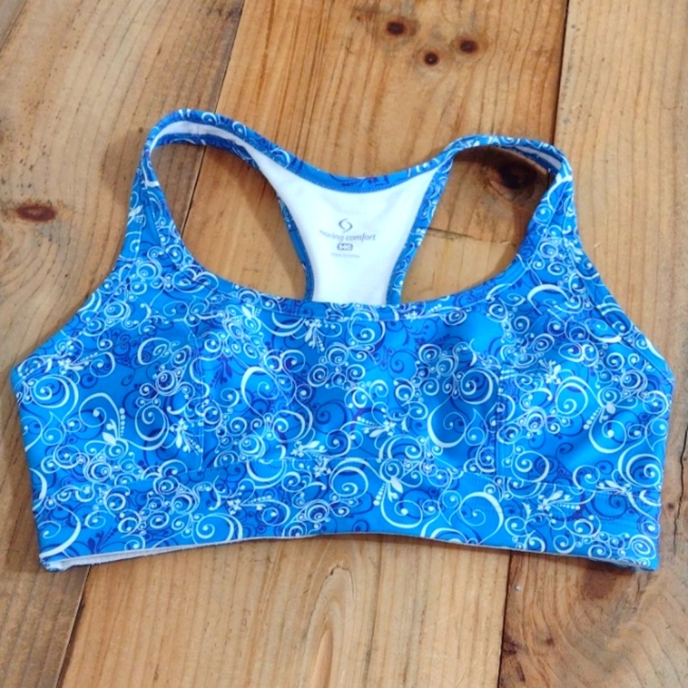 Moving Comfort Blue Print Wire Free Pullover Sports Bra Size 34C NEW